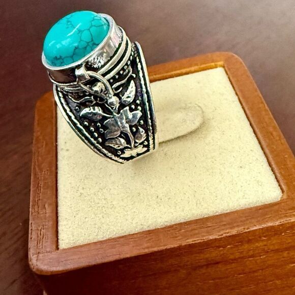 Round Cut Turquoise Gemstone Poison Locket Box Ring Boho Sterling Silver New - Picture 3 of 6